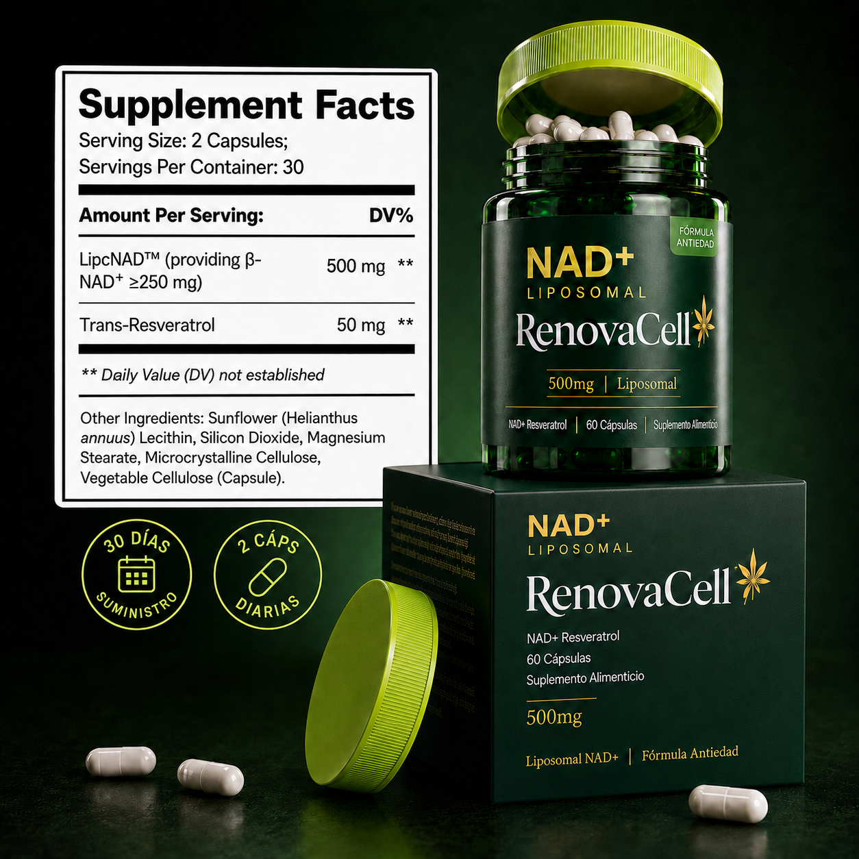 RenovaCell NAD+ Liposomal - Fórmula Anti-Envejecimiento con Resveratrol (500mg 60 cápsulas)